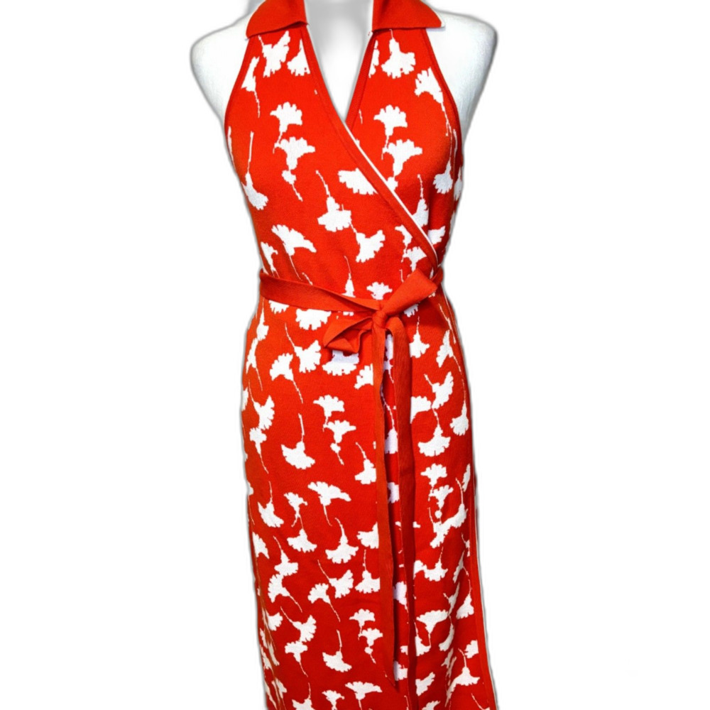 DVF Target Red White Floral Halter Neck Wrap Midi Dress L